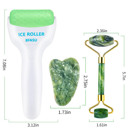 Facial Roller Set of 3, Ice Roller, Two-Sided Jade Roller and Gua Sha Massage Tool, Rolling Tool for Facial Beauty and Body Massage, Helps Reduce Puffy,Skin Care Gifts (Green)