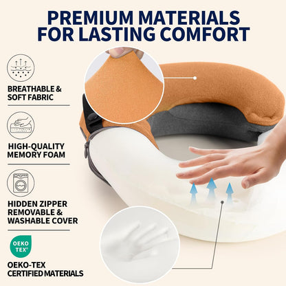 BUYUE Travel Neck Pillows for Airplanes, Memory Foam 360° Head Support Sleep for Long Flight, Skin-Friendly & Breathable, Kit with Eye Mask, Earplugs and Storage Bag (Adult, Grey, 90+ lbs)