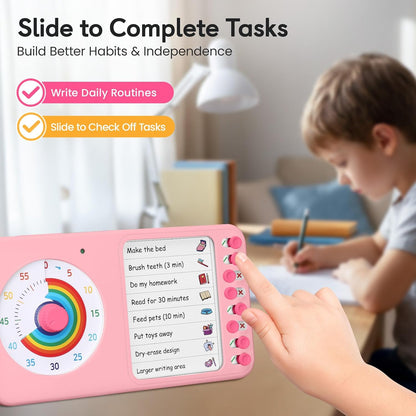 2-in-1 Visual Timer with Task Board for ADHD & Autism, Dry Erase Chore Chart and Visual Schedule for Kids & Adults, Rainbow Countdown Timer for Classroom, Home, Homeschool (White)