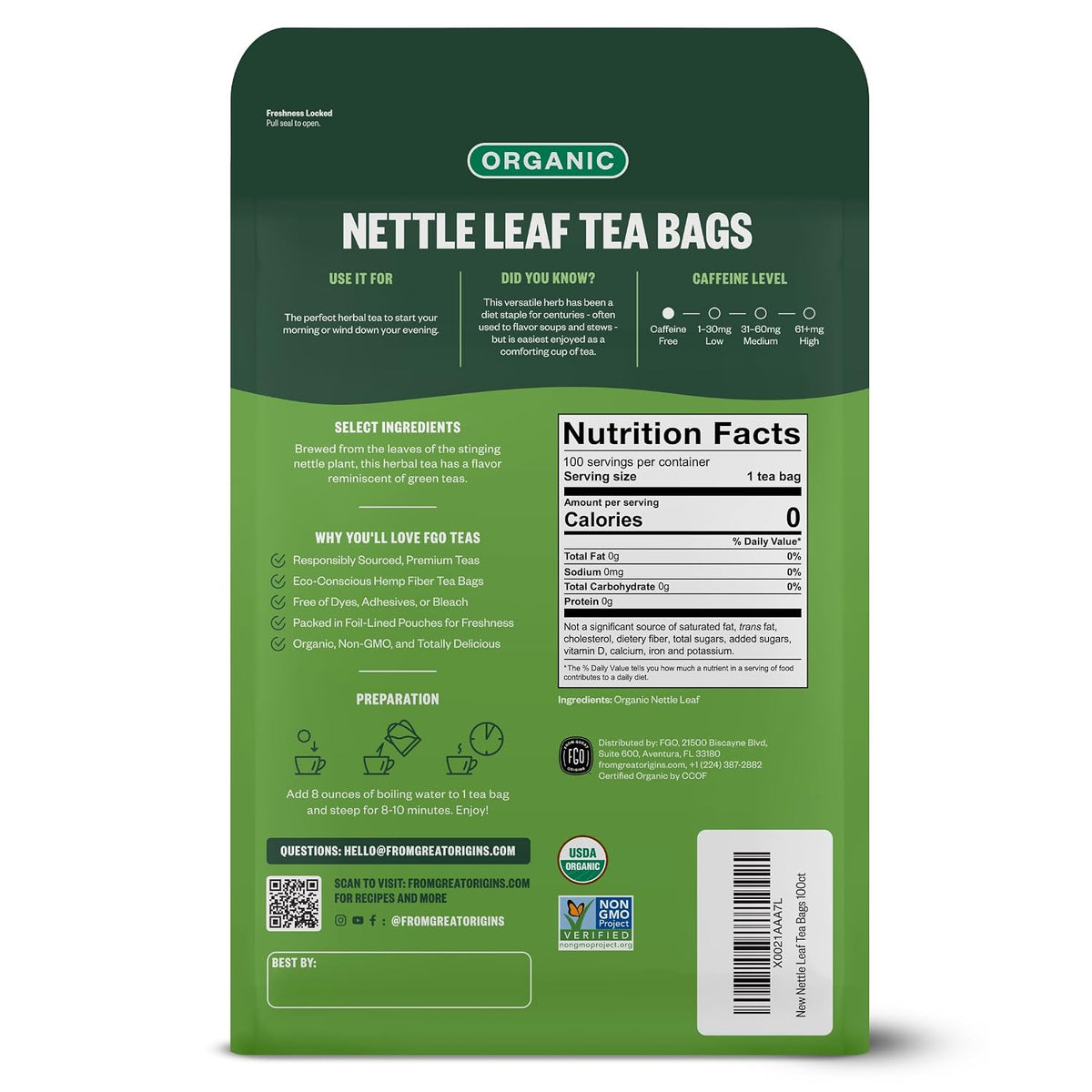 FGO Organic Nettle Leaf Tea, 100 Count, Eco-Conscious Tea Bags, Caffeine Free, Resealable Bag, Packaging May Vary (Pack of 1)