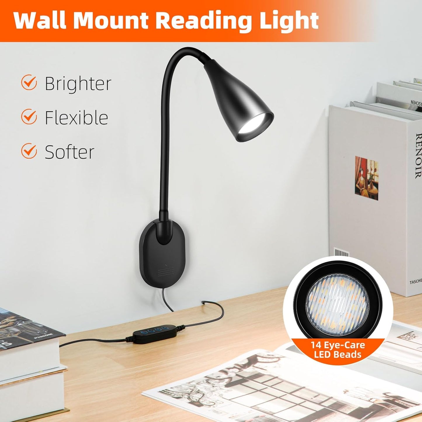 LiFMIRA Wall-Mounted LED Bedside Reading Light with USB Charging Port, 10-Level Dimmable & Adjustable 5 Color, Plug-in Adhesive Night Lamp for Books in Bed, Eye-Caring Bedroom Lighting (Black)