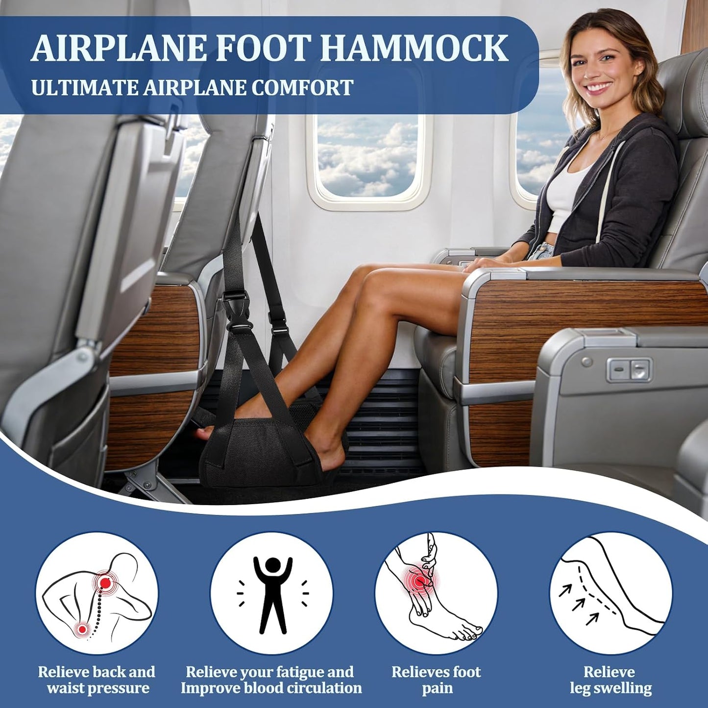 Airplane Foot Hammock, Travel Essentials Thickened Bamboo Foot Rest for Plane Travel with Adjustment Strap, Long Flight Must Haves (1-pcs Black)