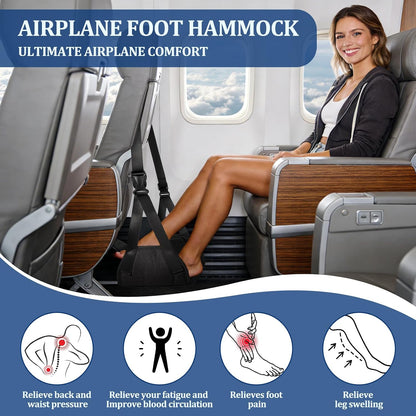 Airplane Foot Hammock, Travel Essentials Thickened Bamboo Foot Rest for Plane Travel with Adjustment Strap, Long Flight Must Haves (1-pcs Black)