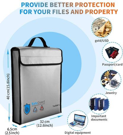 TuoBak's Fireproof Waterproof Document Bag with Zipper,Heat Insulated Upgraded Fireproof Document Bag 15.8”x 12.6”×2.5” for Important Document Storage Organizer for Valuables, Legal Documents Safe