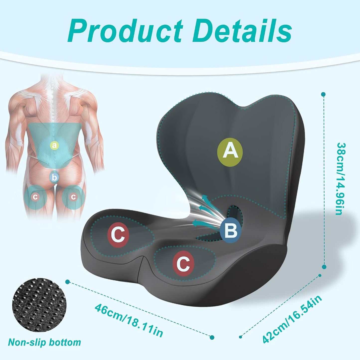 Seat Cushion for Office Chair and Car, Lumbar Support Pillow for Office Chair, Memory Foam Ergonomic Seat Cushion for Long Sitting, Back & Tailbone Pain, Sciatica - Dark Gray & Light Gray