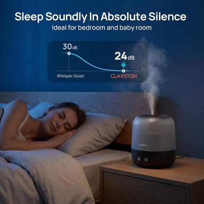 Clarston 2L Cool Mist Humidifier for Bedroom with 360° Adjustable Nozzle, High and Low Mist Levels, Ultra-Low Noise, Light-Off, No BPA, Auto Shut Off, Ideal Baby Humidifier with Easy Top Filling