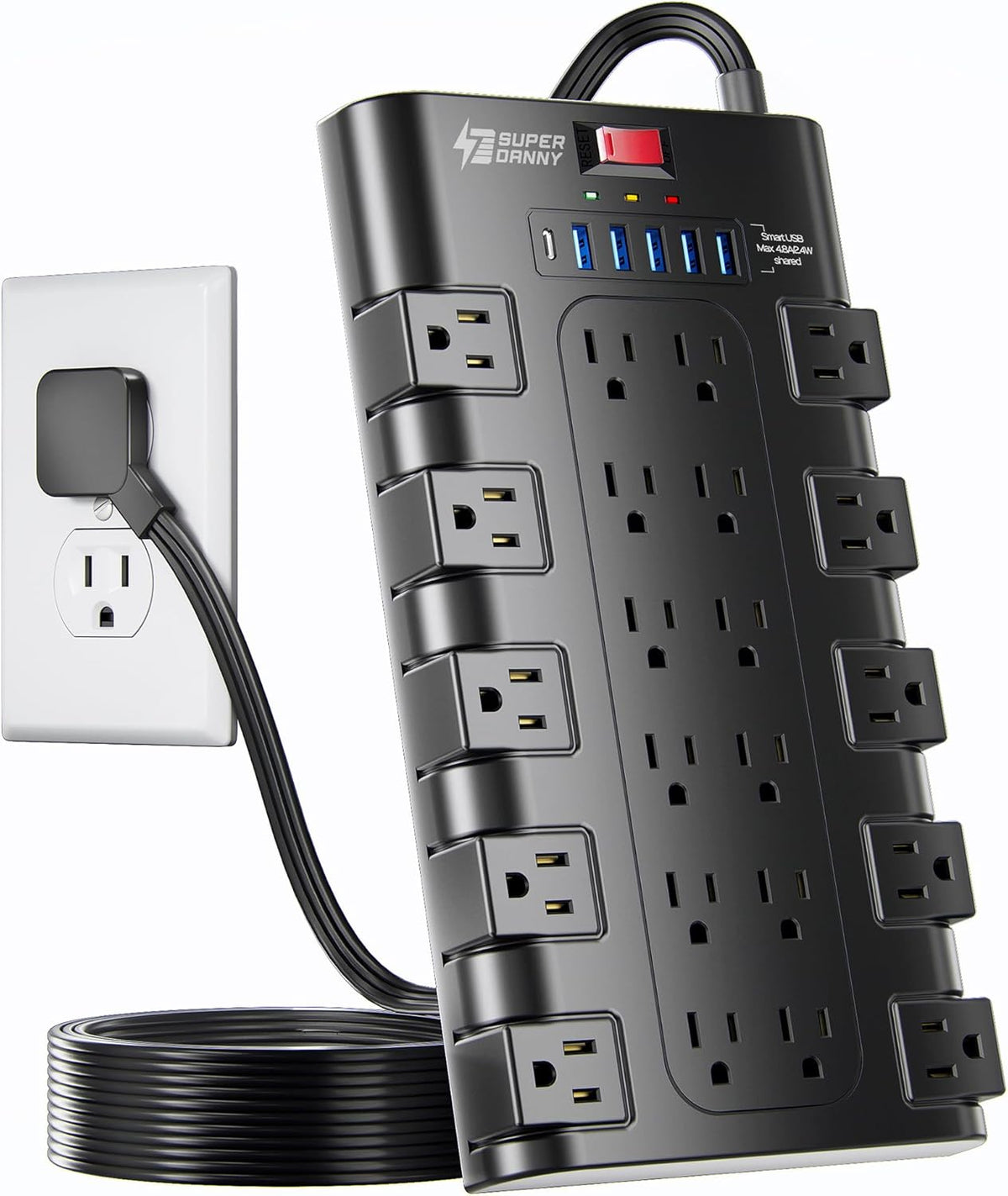 SUPERDANNY Power Strip Surge Protector, 22 AC 6 USB, 2100J, 6.5Ft,1875W/15A