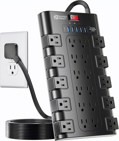 SUPERDANNY Power Strip Surge Protector, 22 AC 6 USB, 2100J, 6.5Ft,1875W/15A