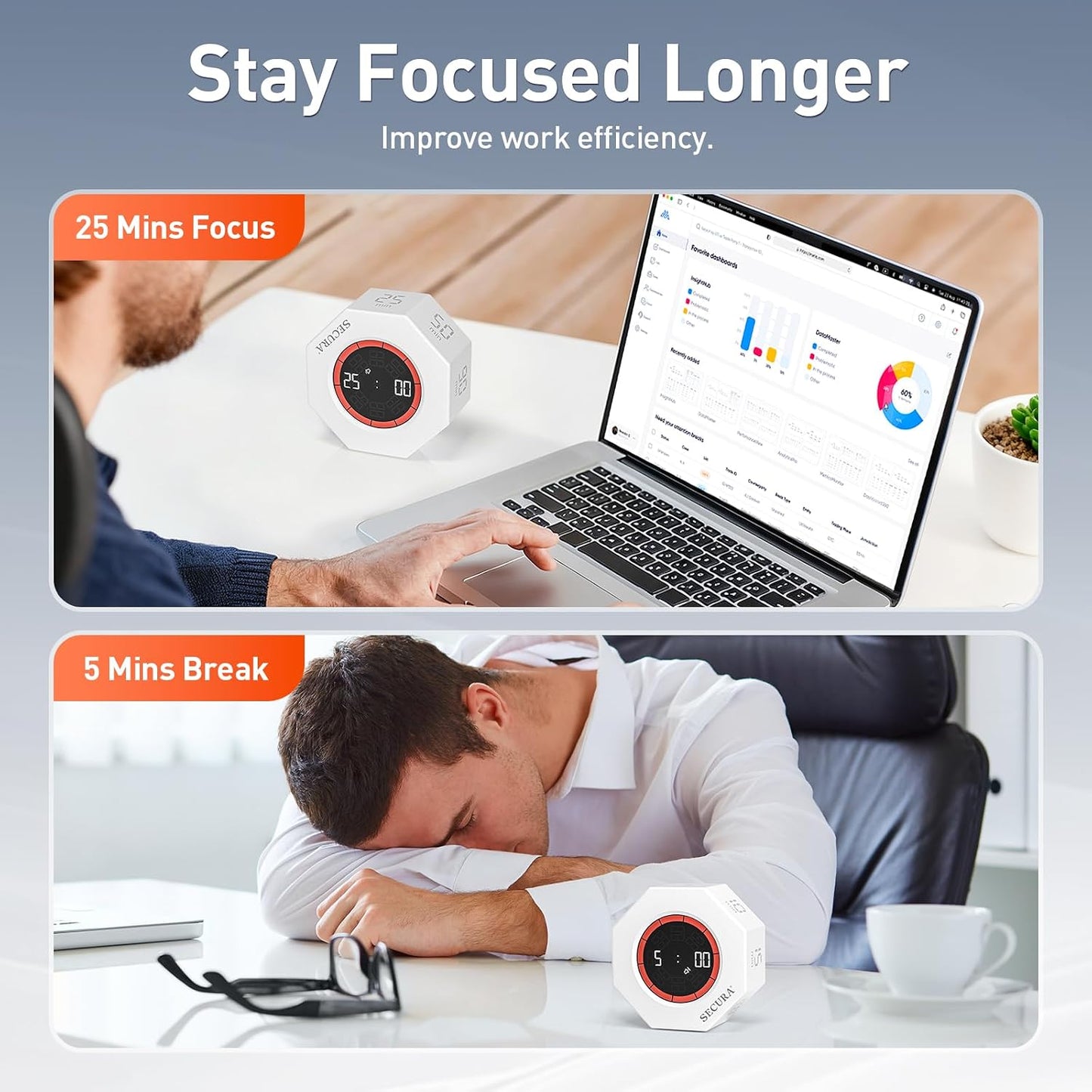 Secura Pomodoro Timer for ADHD & Productivity, Flip Cube Timer with 7 Presets (5/10/15/20/25/50/90 Min), Visual Countdown Progress Bar for Work, Study, Kids & Desk (Dark Gray)