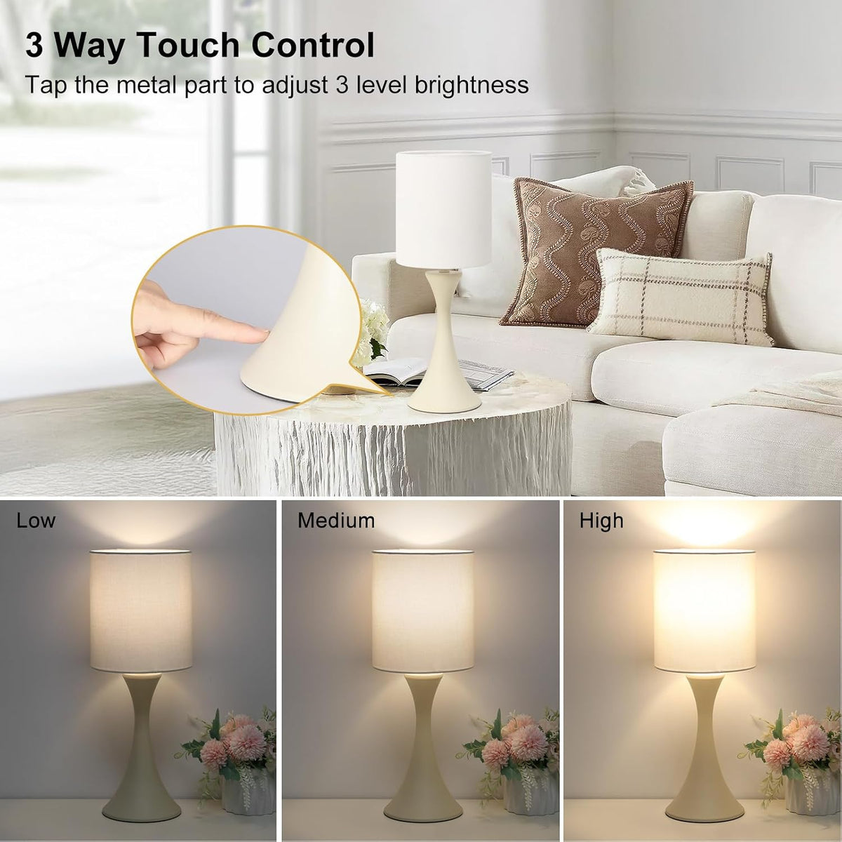 3 Way Touch Control Table Lamp, Dimmable Bedside Desk Lamp with Metal Base Modern Nightstand Lamp Stylish Grey Shade Simple Side Table Lamp for Bedroom, Living Room, Office or Den LED Bulb Included
