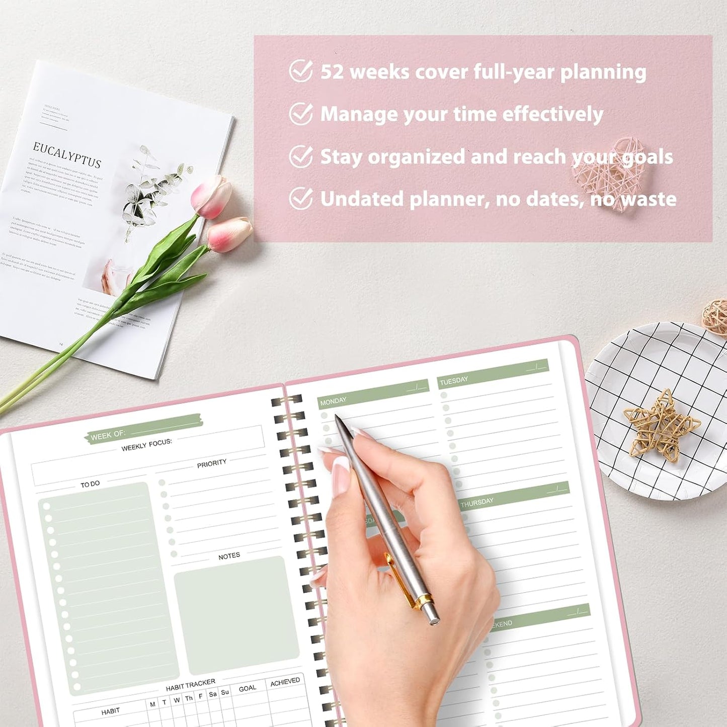 Undated Weekly Planner, Weekly To Do List Notebook, A5 Daily Planner | Office School Supplies, Spiral Binding, Inner Pocket, Goal, Organizer, Habit Tracker