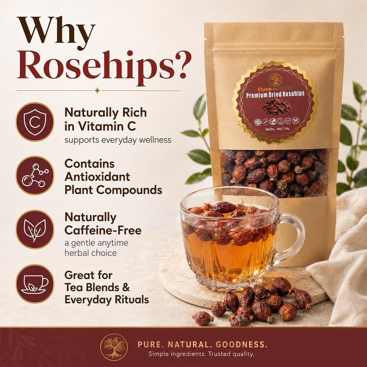 Cure wid Pure Dried Rose Hips 4oz RoseHip Tea Rich in Vitamin C