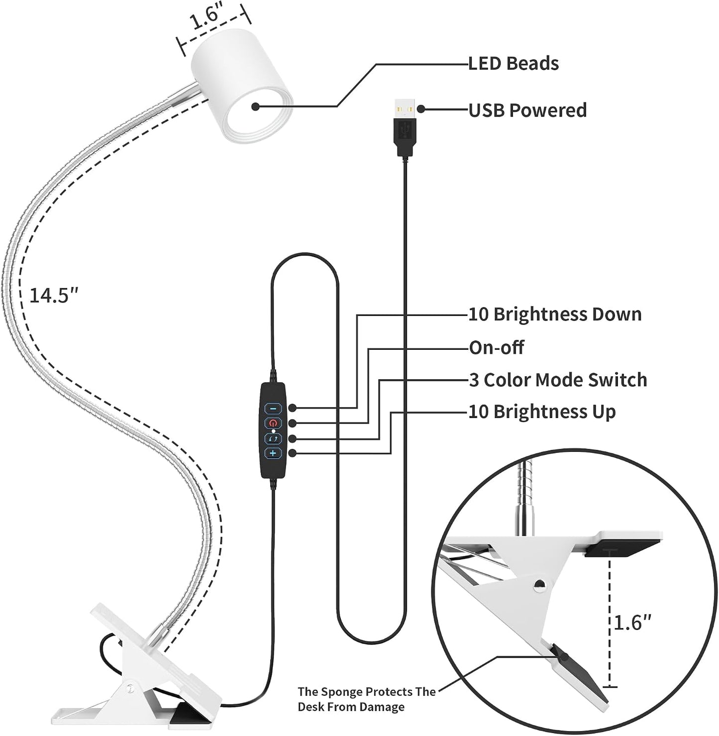 Desk Lamp USB Clip On Light,Book Lights for Reading at Night Clamp Light | 3 Color Modes,10 Brightness Clamp Light,360° Gooseneck LED Reading Light for Books in Bed,Eye-Care for Home Office,Headboards