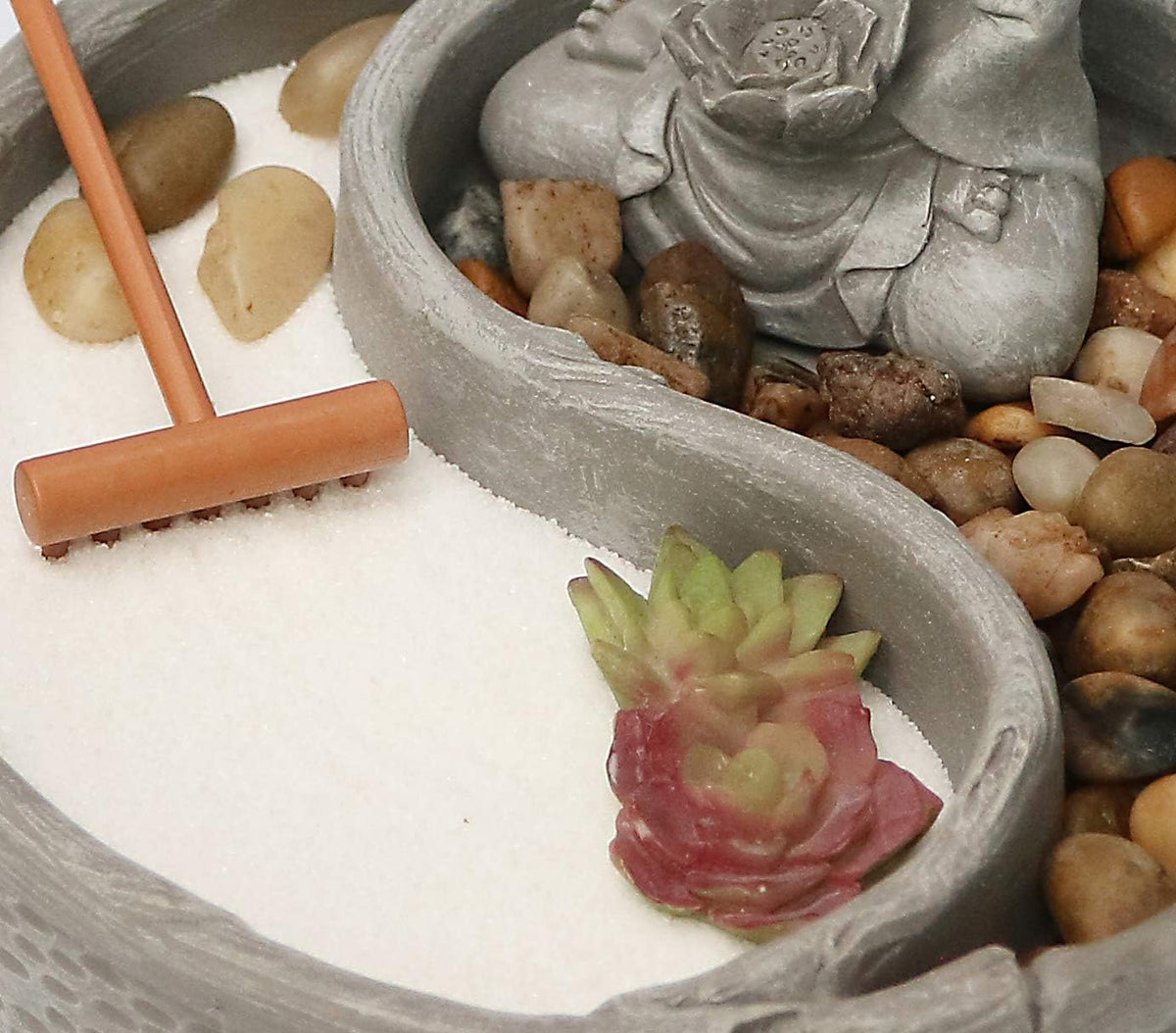 Nature's Mark Mini Zen Garden Kit for Desk with Rake, White Sand, Lotus Figure, 3 Sections Black Square Base, River Rocks and Black Rocks (9Lx9W C)