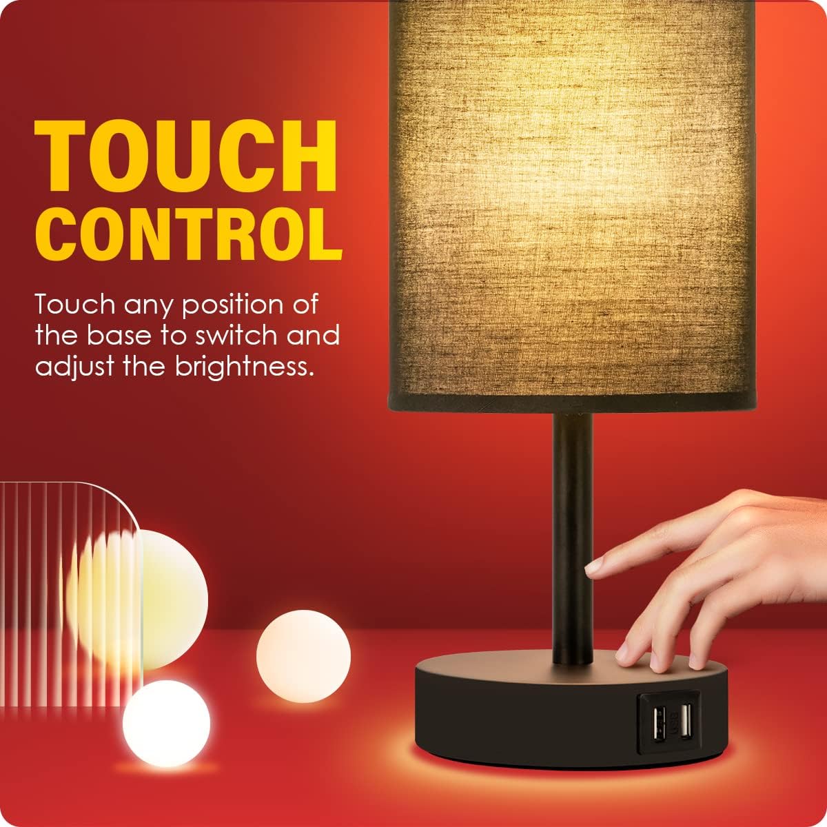 Yarra-Decor Bedside Lamps with USB Port - Touch Control Table Lamp for Bedroom Wood 3 Way Dimmable Nightstand Lamp Set of 2 with Round Flaxen Fabric Shade for Living Room, Dorm, Home Office (2 Pack)