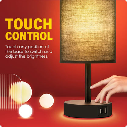 Yarra-Decor Bedside Lamps with USB Port - Touch Control Table Lamp for Bedroom Wood 3 Way Dimmable Nightstand Lamp Set of 2 with Round Flaxen Fabric Shade for Living Room, Dorm, Home Office (2 Pack)