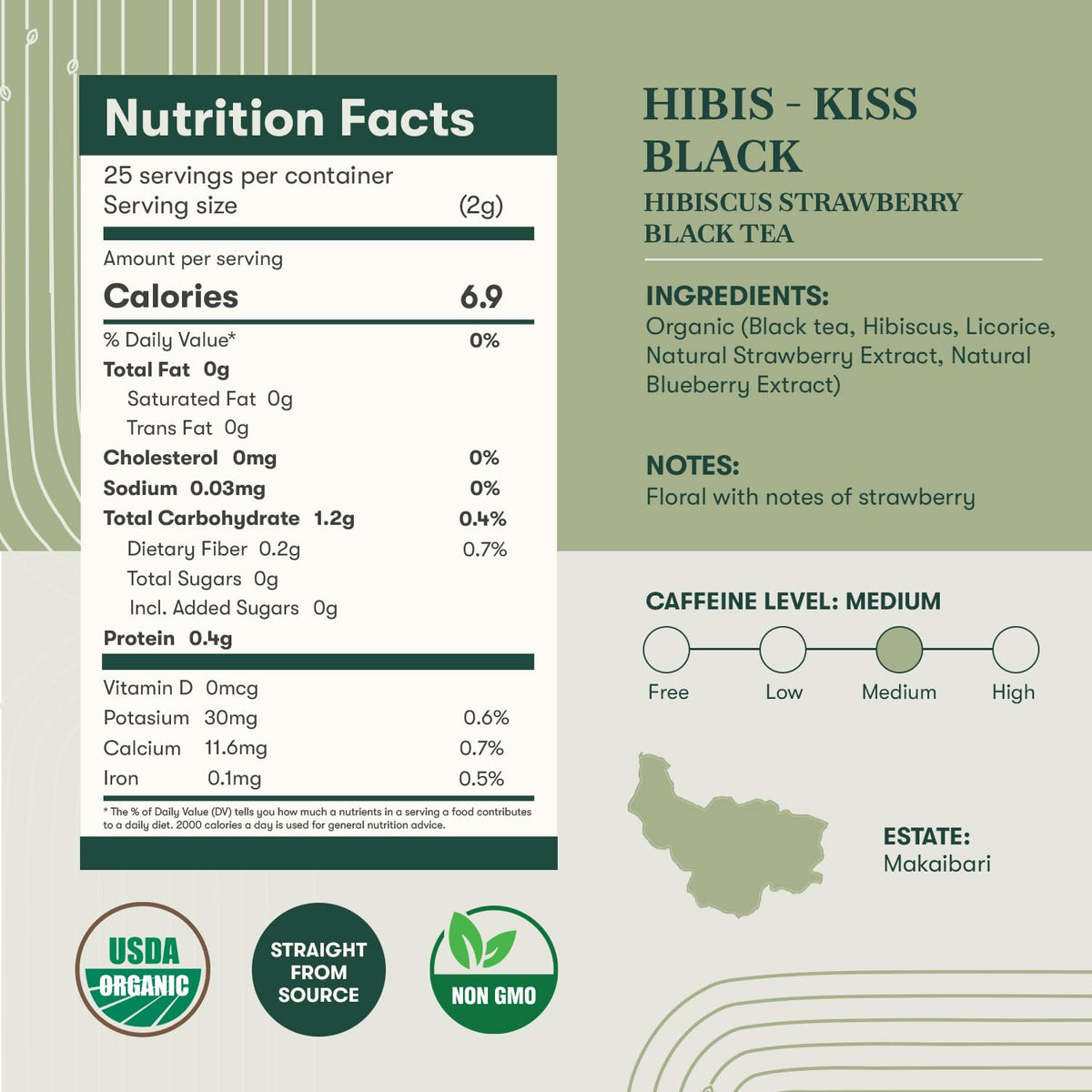 Luxmi Estates Hibis-Kiss Organic Hibiscus Tea (25 Tea Bags) Caffeinated Tea Bags For A Morning Boost and Natural Energy, With Certified Organic Black Tea