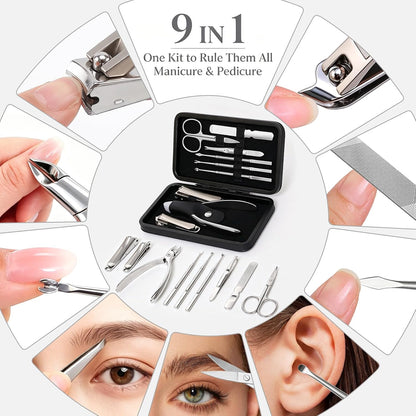 9 in 1 Professional Manicure Pedicure Set, Premium Stainless Steel Nail Clipper Grooming Tools with Magnetic Leather Travel Case, Portable Nail Kit Gift for Men & Women(Black)