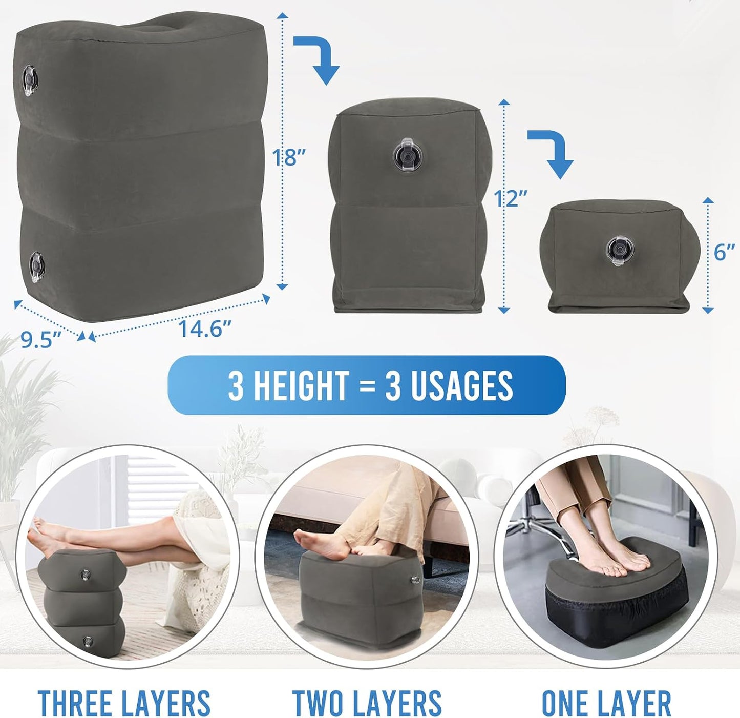 Inflatable Airplane Foot Rest Pillow - Travel Foot Rest for Long Flights, Car Seat Foot Rest for Kids Airplane Seat Extender Bed for Toddler, Blow up Plane Footrest with Easy-Carry Strap, Gray 2 Pack