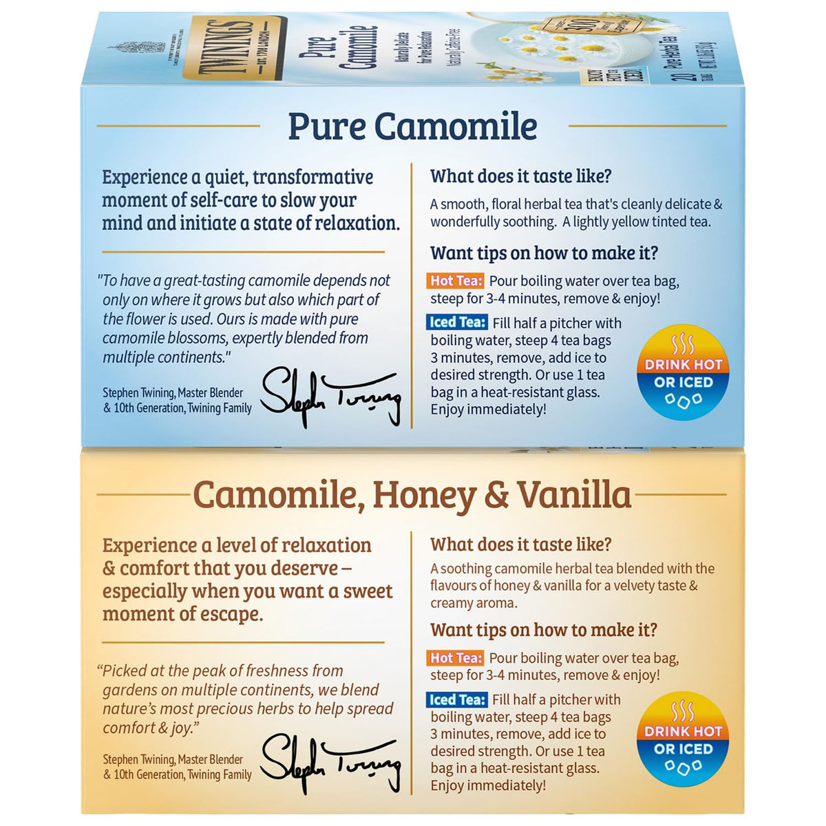 Twinings Camomile Herbal Tea Bag Variety 2-Pack – Pure + Honey & Vanilla Naturally Caffeine-Free Teas, 20 Count Each