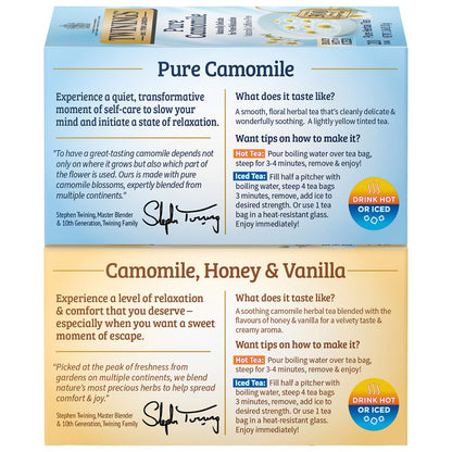 Twinings Camomile Herbal Tea Bag Variety 2-Pack – Pure + Honey & Vanilla Naturally Caffeine-Free Teas, 20 Count Each