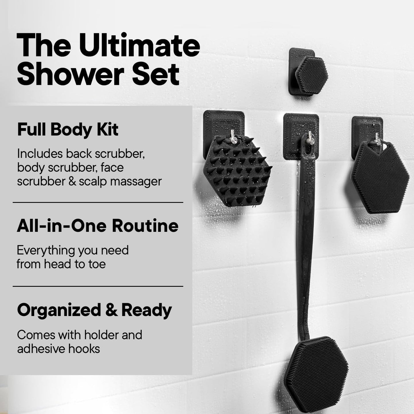 TOOLETRIES The Scrub King Silicone Shower Set for Men & Women, Hygienic Silicone Exfoliating Bath Set with Back Scrubber, Body Scrubber, Face Scrubber, Scalp Massager, Hooks & Holder - Charcoal