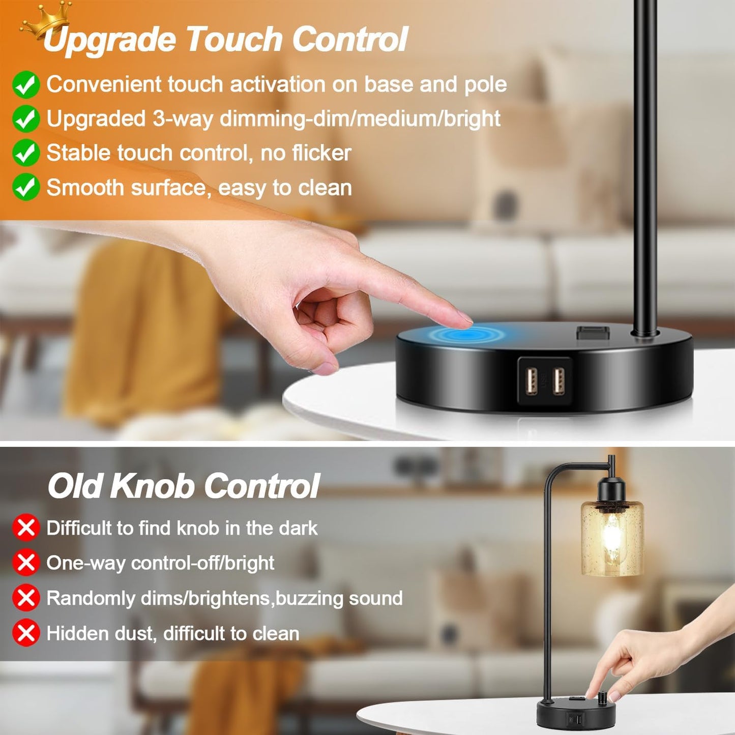 Set of 2 Industrial Touch Control Table Lamps with USB C+A Ports and AC Outlet - 3-Way Dimmable Black Bedside Lamps Nightstand Desk Lamps for Bedroom Living Room, Glass Shade & 2 LED Bulbs Included