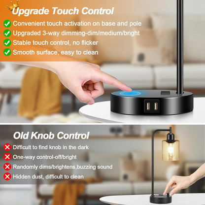 Set of 2 Industrial Touch Control Table Lamps with USB C+A Ports and AC Outlet - 3-Way Dimmable Black Bedside Lamps Nightstand Desk Lamps for Bedroom Living Room, Glass Shade & 2 LED Bulbs Included
