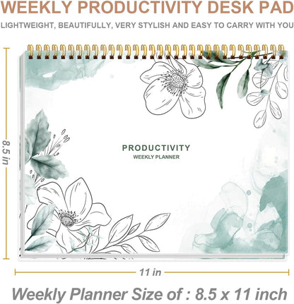 Weekly Productivity Planner - 8.5" x 11" Dashboard Desk Notepad Has 6 Focus Areas to List Tasks for Goals, Projects, Clients, Academic or Meal-Organize Your Daily Work Efficiently, 54 Weeks, Green