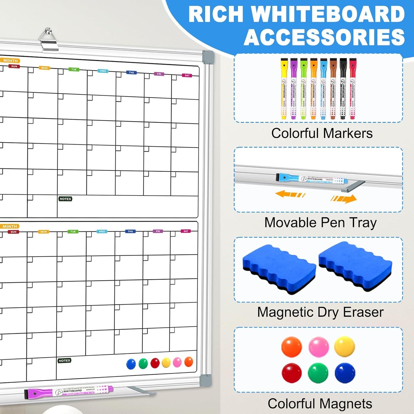 Magnetic Dry Erase Board Calendar for Wall 36" x 24", Monthly Calendar Whiteboard for Wall, Planning Board Bulletin Board Portable Board for Office, School, Home, Kitchen, Planning, Memo