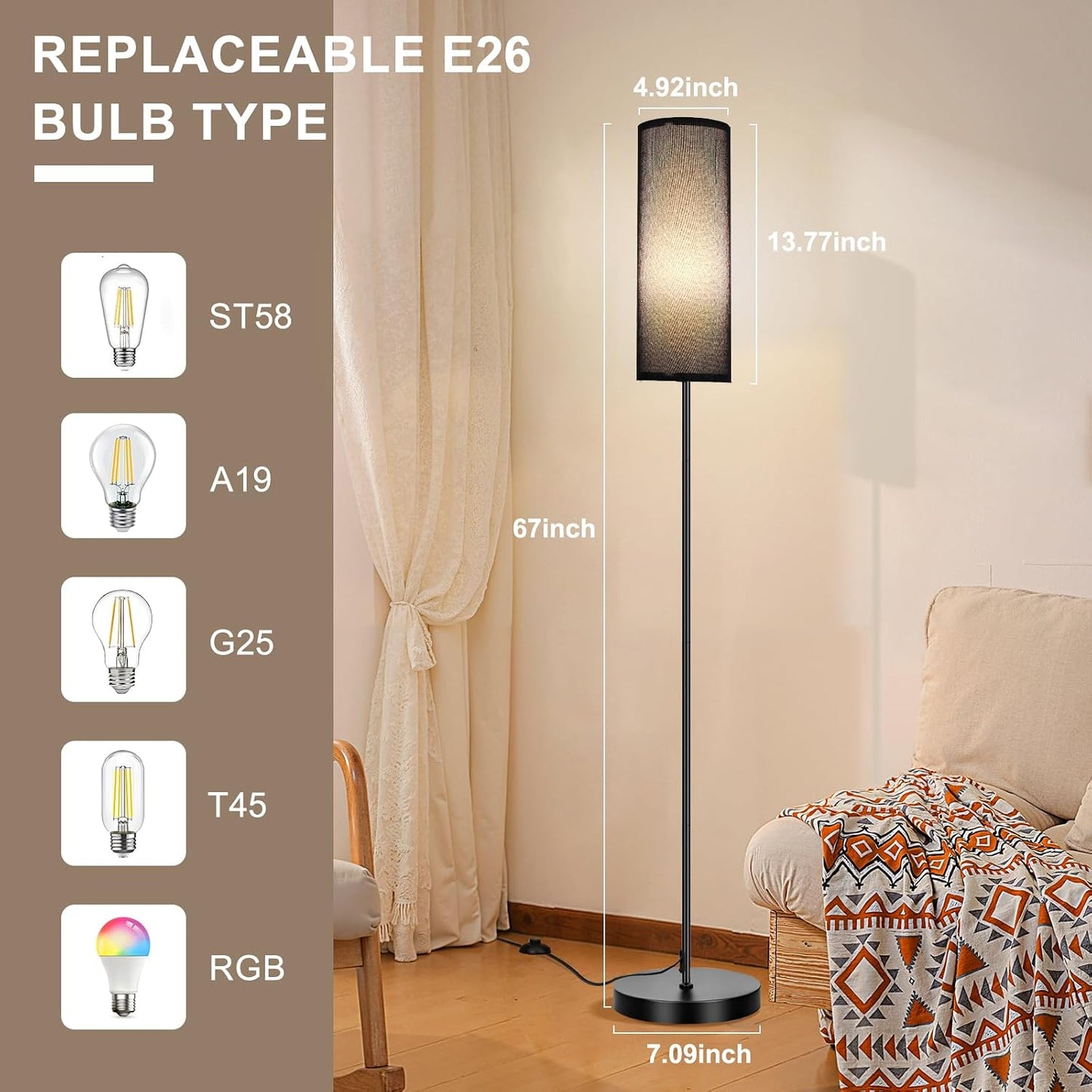 FRIDEKO HOME Floor Lamp, 9W 800LM Color Changing Smart Bulb, Beige Shade