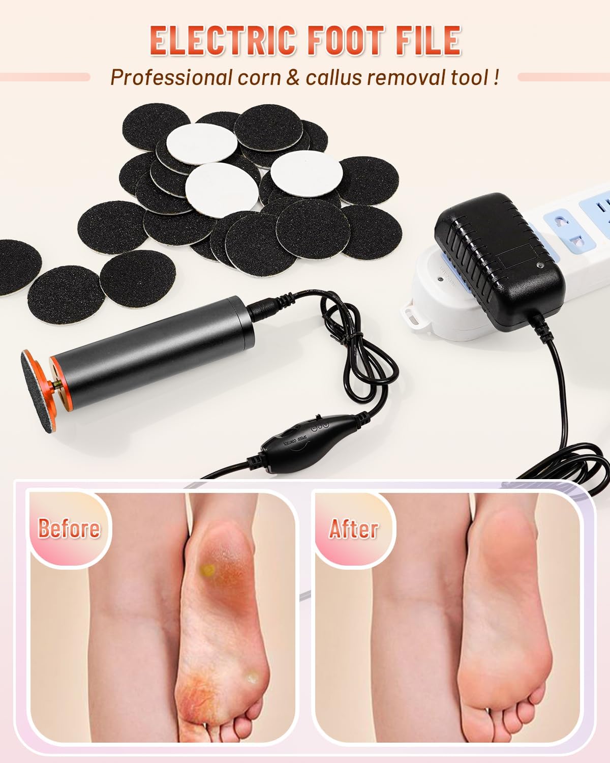 DERMAWAVE FSA&HSA Electric Callus Remover for Feet with 60 Sandpaper Discs, Adjustable Speed Professional Foot File Electric Heel Grinder Sander Pedicure Tool for Dead Skin
