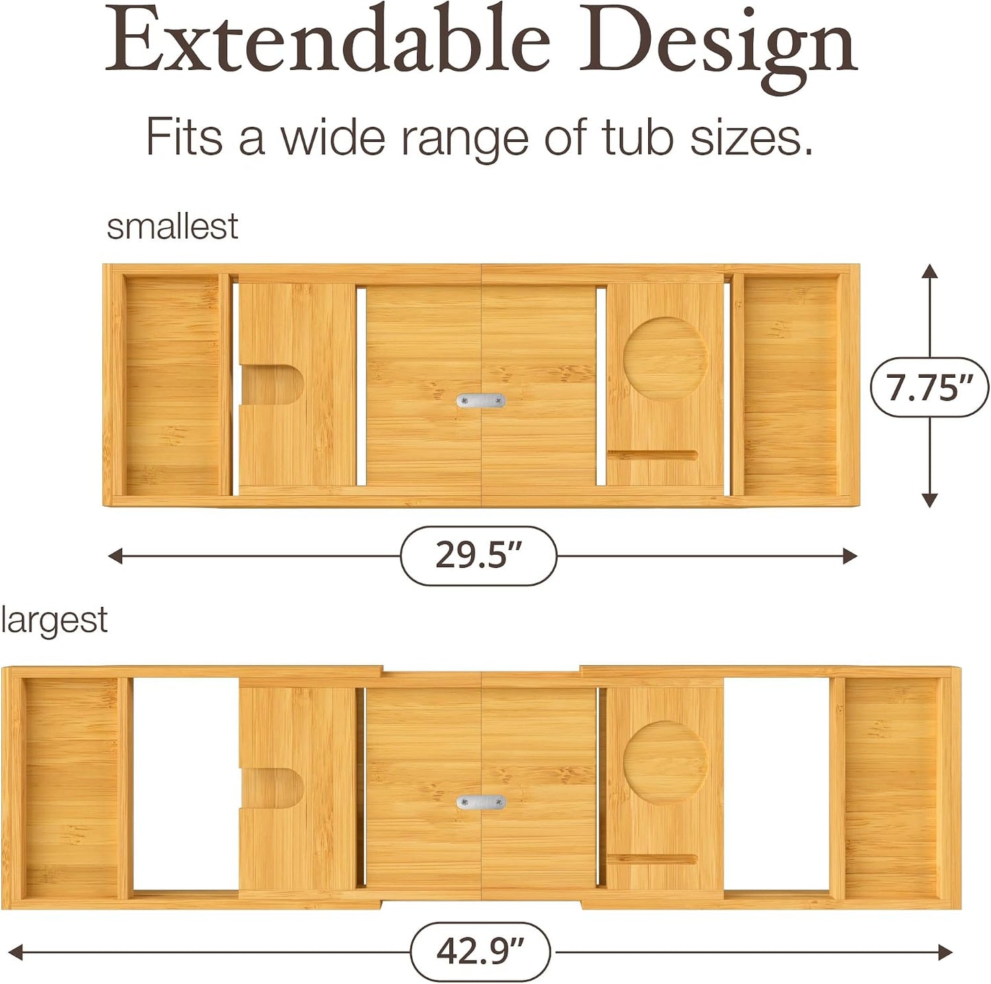 Bambüsi Bathtub Tray for Tub - Brown Bamboo Bath Tray, Expandable Wooden Bath Caddy Tray with Wine Holder, Book and Tablet Stand, Bathroom Accessories, Tub Table, Spa Bath Gifts for Women and Couples