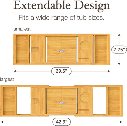 Bambüsi Bathtub Tray for Tub - Brown Bamboo Bath Tray, Expandable Wooden Bath Caddy Tray with Wine Holder, Book and Tablet Stand, Bathroom Accessories, Tub Table, Spa Bath Gifts for Women and Couples