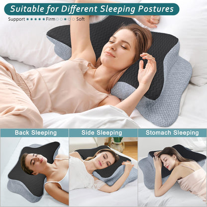 CHxxy Cervical Neck Pillow for Pain Relief Sleeping, Memory Foam Pillows, Ergonomic Side Sleeper Pillows, Cooling Orthopedic Neck Support Pillow for Back Stomach Sleepers-Queen Size Grey&Grey