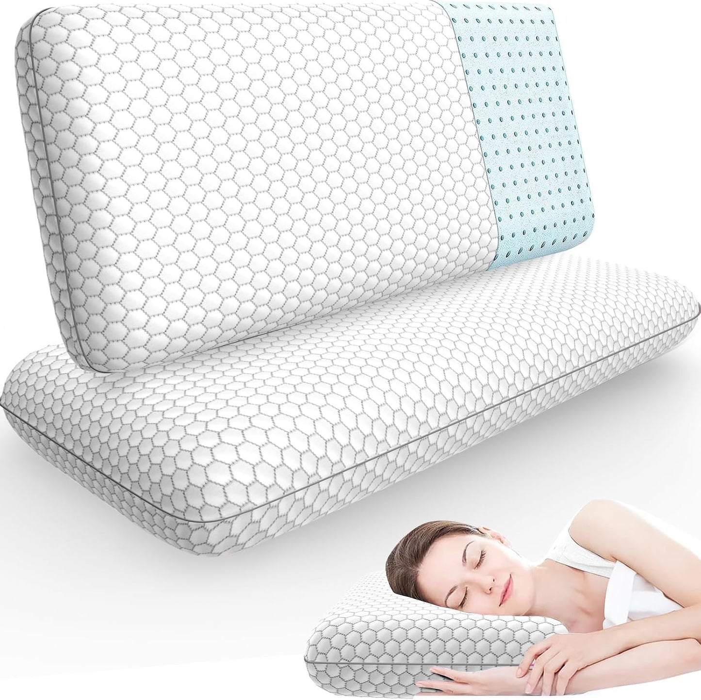 CushyOasis Memory Foam Pillows for Side, Back and Stomach Sleepers, Set of 2, Bed Pillow with Washable Cover and Breathable Mesh, Bed Pillow for Sleeping (Blue，Standard Size)