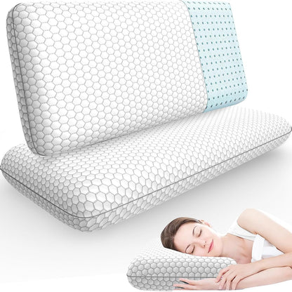 CushyOasis Memory Foam Pillows for Side, Back and Stomach Sleepers, Set of 2, Bed Pillow with Washable Cover and Breathable Mesh, Bed Pillow for Sleeping (Blue，Standard Size)