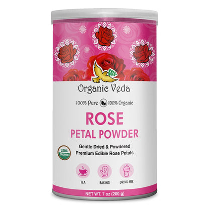 Organic Veda Rose Petals Powder - USDA Organic Edible Dried Rose Petals for Tea, Baking, Drink Mix, DIY Beauty Skin Care, Hair & Face Mask - 100% Pure Rose Powder for Culinary & Aromatherapy, 7 oz