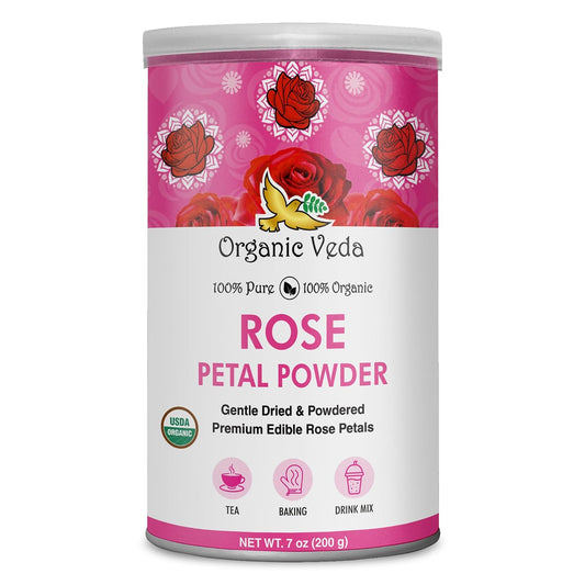 Organic Veda Rose Petals Powder - USDA Organic Edible Dried Rose Petals for Tea, Baking, Drink Mix, DIY Beauty Skin Care, Hair & Face Mask - 100% Pure Rose Powder for Culinary & Aromatherapy, 7 oz