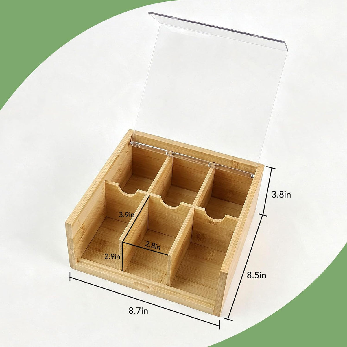 HTB Acacia Wood Tea Bag Organizer Storage Box with 6 Compartments