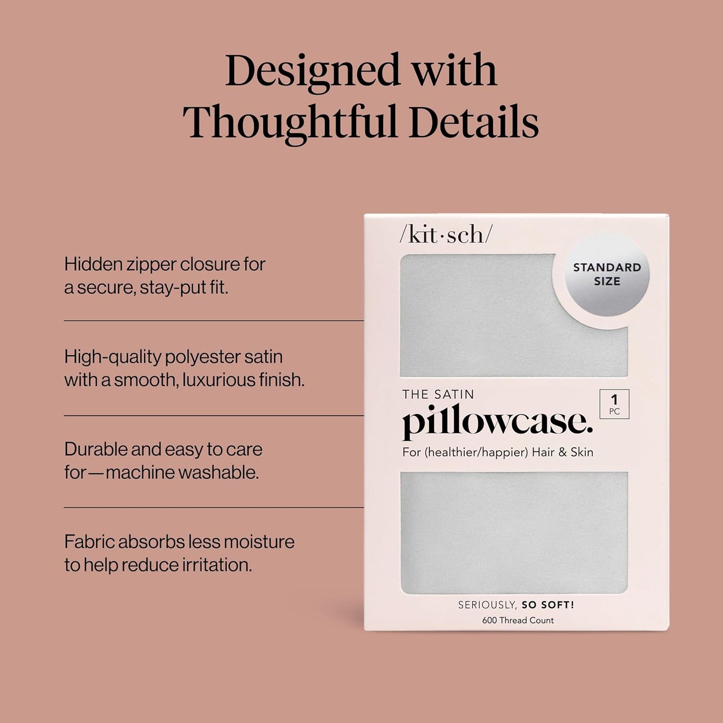 Kitsch Satin Pillowcase with Zipper for Hair & Skin - Softer Than Silk Pillow Cases, Smooth Cooling Satin Pillow Case, Wrinkle-Free, Machine Washable - Pillow Cases Standard Size (19x26) - Blush