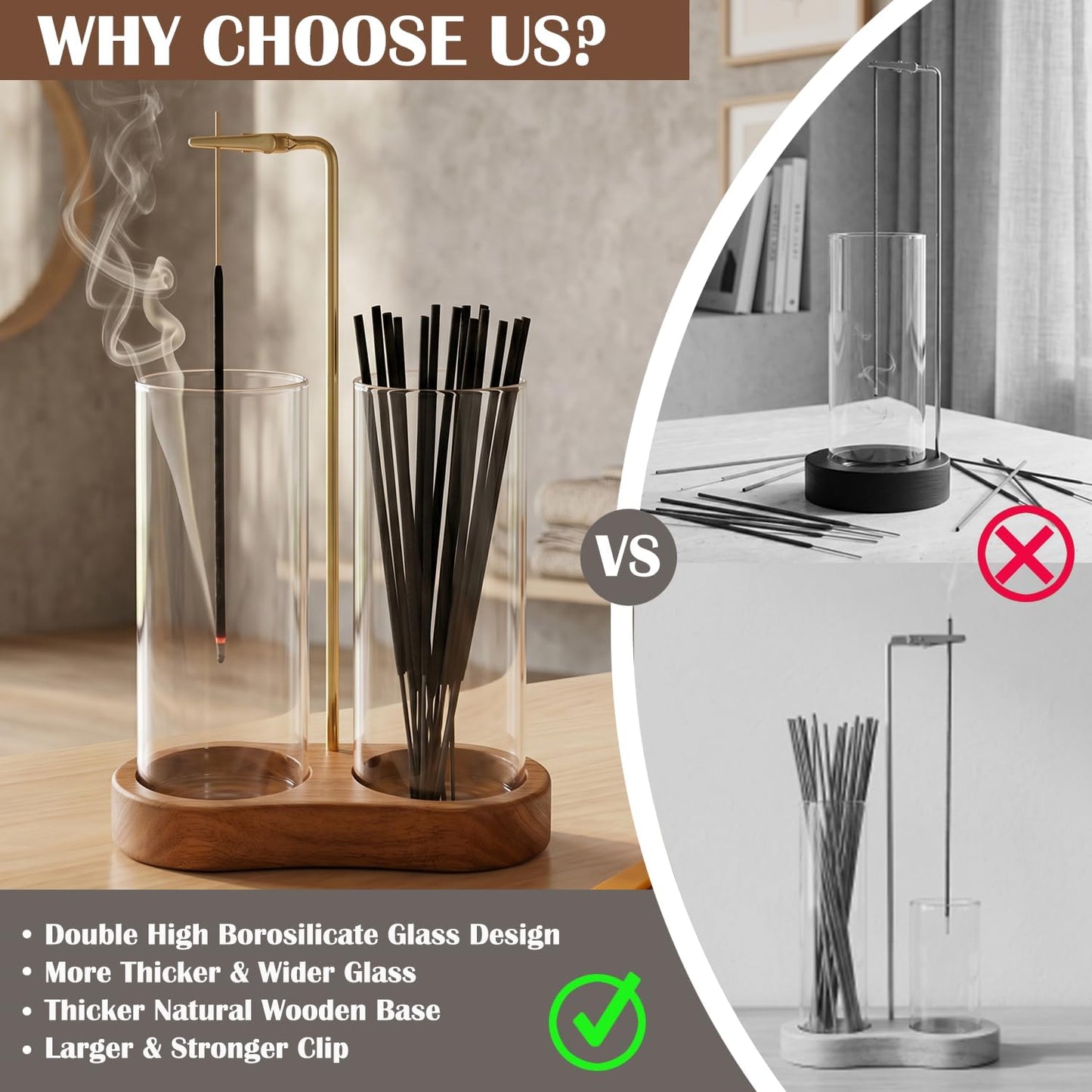 Incense Holder for Sticks with Glass Ash Catcher - Upside Down Anti-Ash Flying Incense Burner & Stick Storage Organizer, Ideal for Meditation, Yoga, Zen Home Decor, Spa Relaxation Gift
