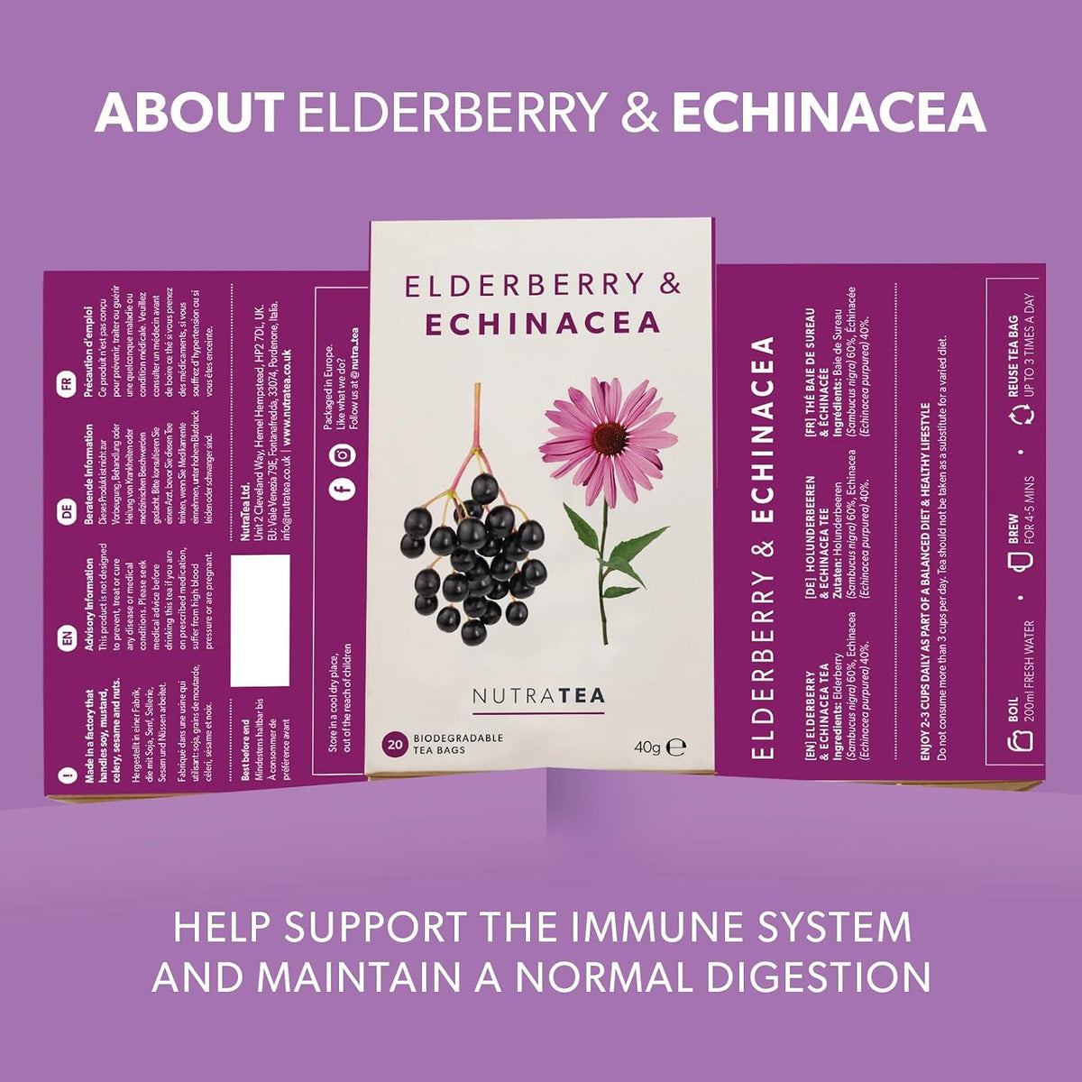 Nutra Tea - Elderberry & Echinacea Tea | Elderberry Tea - Immunity Teas | Immune Teabags - 20 Individually Wrapped Bags - Herbal Teas - (1 Pack)