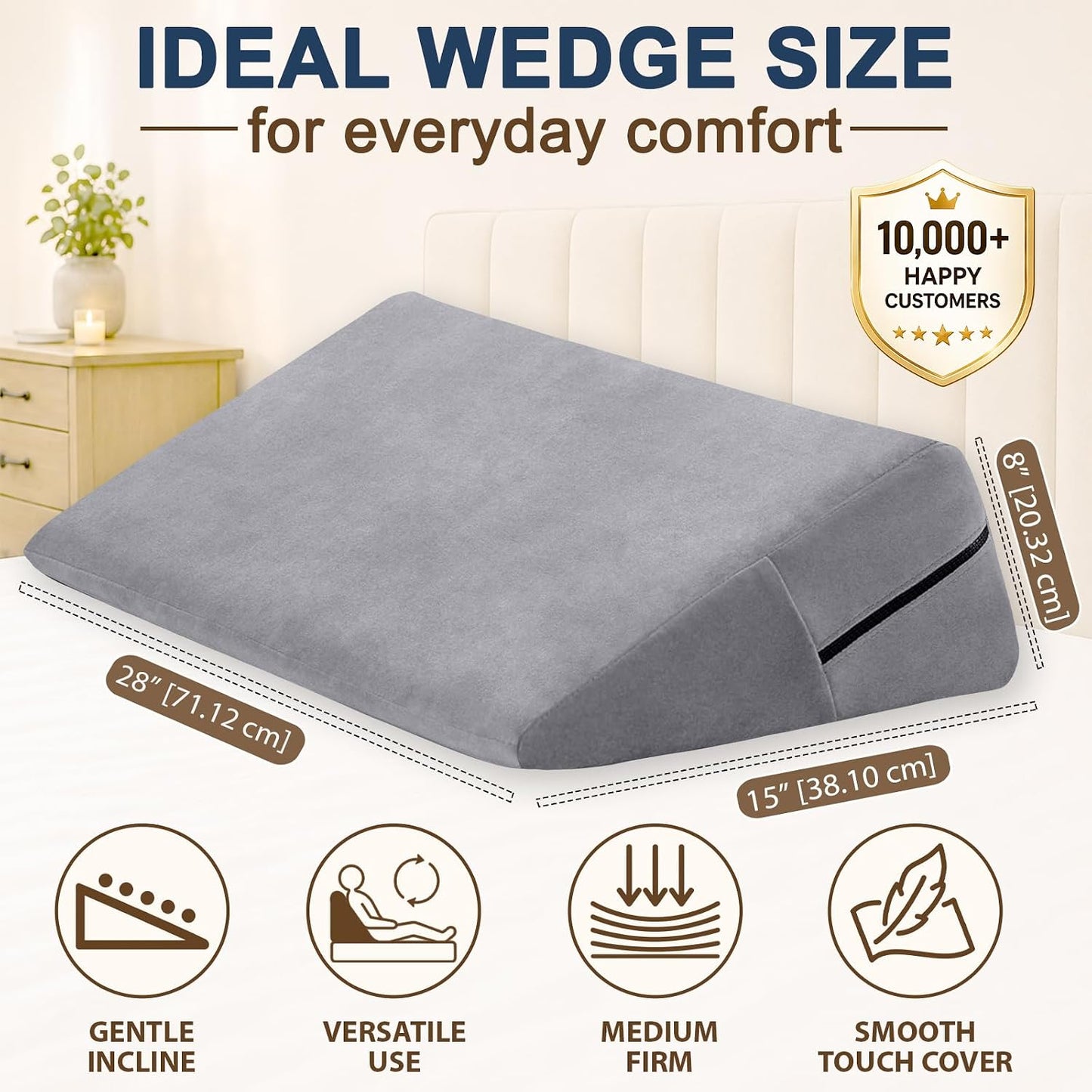 sokoro Bed Wedge Pillow for Sleeping, Small 7 Inch Compact Triangle Wedge Pillow for Acid Reflux, Sleep Apnea & Snoring Relief, Firm Incline for Back Support, Washable Cover (Grey, 24x14x7 in)