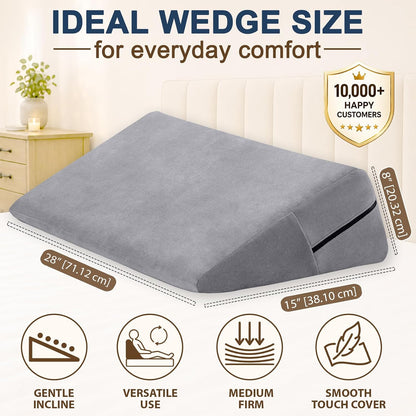 sokoro Bed Wedge Pillow for Sleeping, Small 7 Inch Compact Triangle Wedge Pillow for Acid Reflux, Sleep Apnea & Snoring Relief, Firm Incline for Back Support, Washable Cover (Grey, 24x14x7 in)