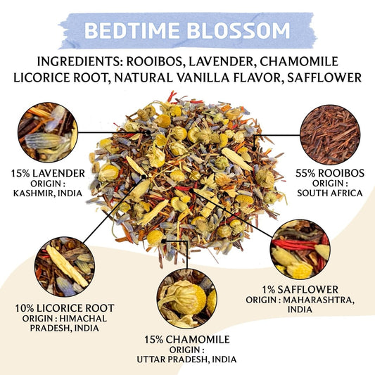 BREWIX Bedtime Blossom Sleep Tea Loose Leaf (50+ Cups) | Caffeine Free Calming Herbal Bedtime Tea with Rooibos, Chamomile and Lavender | Naturally Sweet Night Time Tea | Hot or Iced