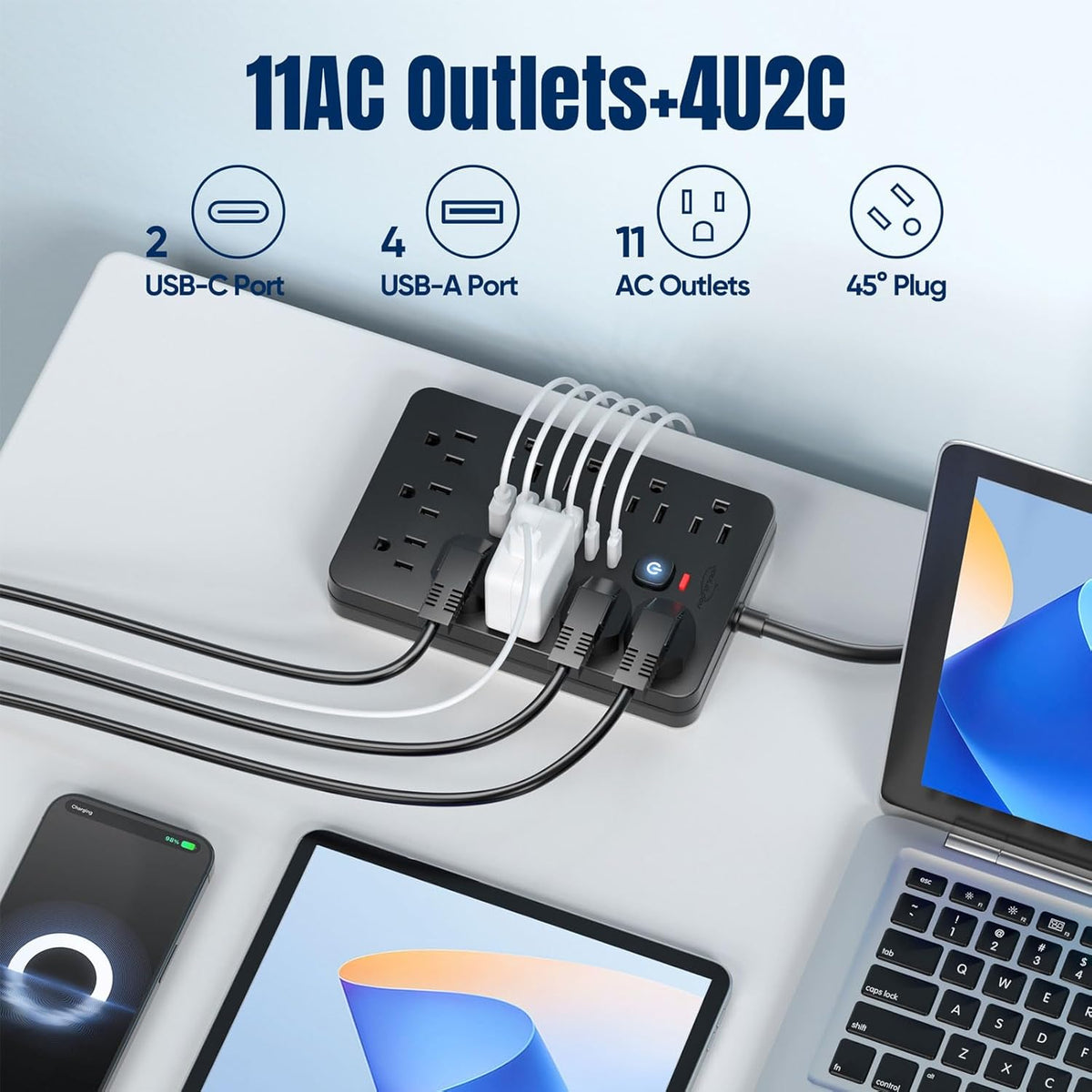 6 FT Flat Plug Surge Protector Power Strip,11 AC Outlets with 6 USB Ports