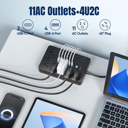 6 FT Flat Plug Surge Protector Power Strip,11 AC Outlets with 6 USB Ports