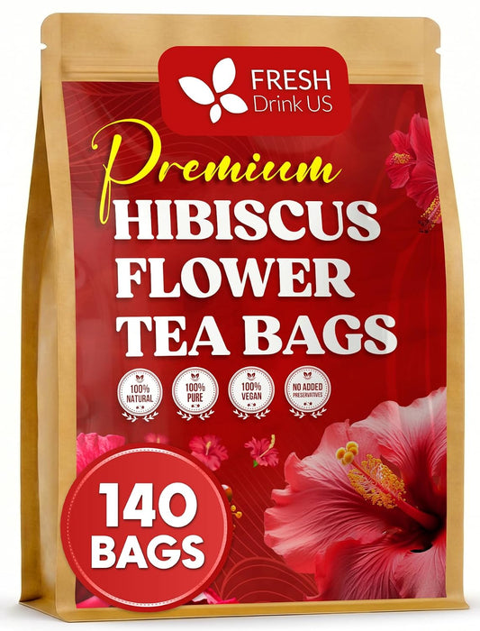 FreshDrinkUS, 140 Bags Hibiscus Flowers Tea, 100% Natural and Pure. Loose Flower Hibiscus Herbal Tea. Hibiscus Flower Tea. No Sugar, No Caffeine, No Gluten, Vegan.