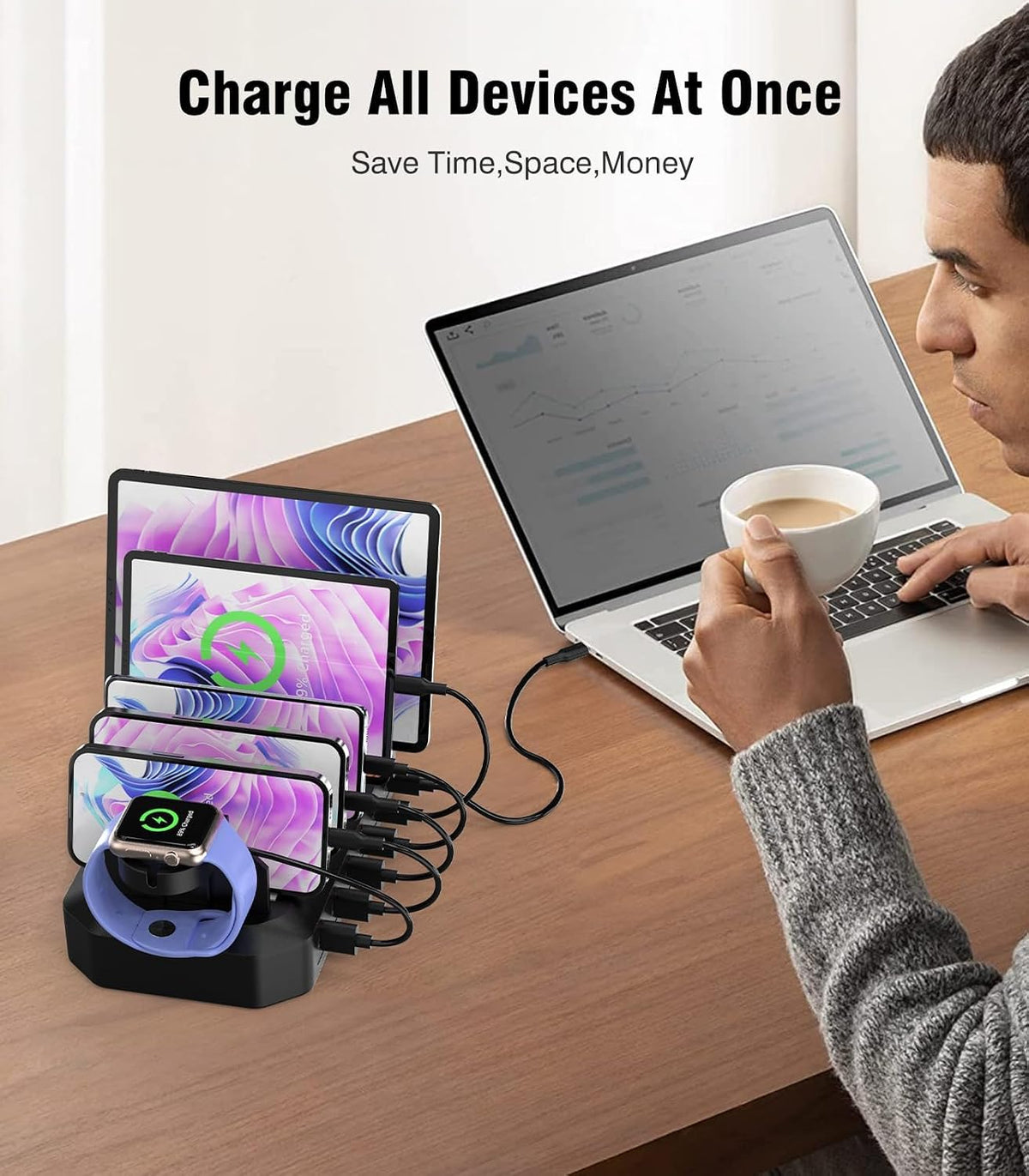 95W USB Charging Station for Multiple Devices 6-Port Charger Organizer Dock